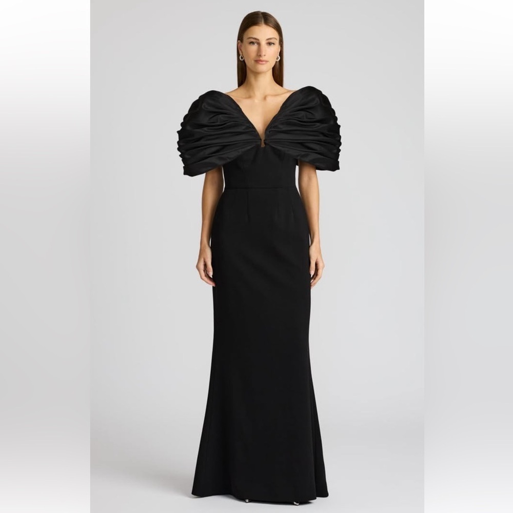 ZAC POSEN Black Puff Sleeves Maxi Mermaid Dress